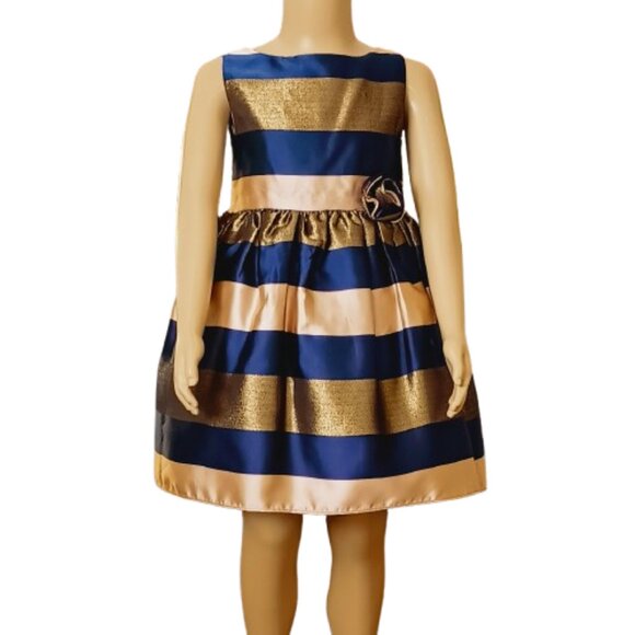 Girl's Navy Stripe Dress 4T Gold Metallic Sleeveless Special Occasion Fully Line - Picture 1 of 7
